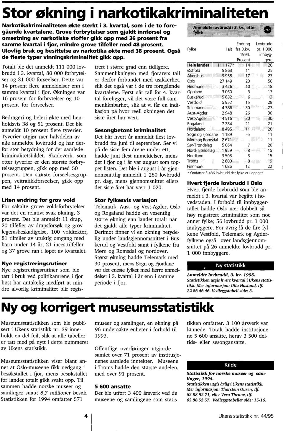 Totalt ble det anmeldt 111 000 lovbrudd i 3 kvartal, 80 000 forbrytelser og 31 000 forseelser Dette var 14 prosent flere anmeldelser enn i samme kvartal i fjor Økningen var 16 prosent for