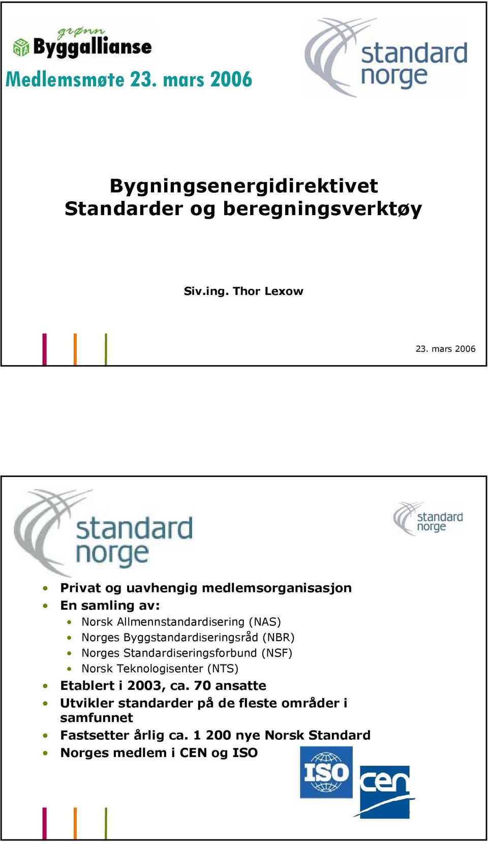 Byggstandardiseringsråd (NBR) Norges Standardiseringsforbund (NSF) Norsk Teknologisenter (NTS) Etablert i 2003, ca.