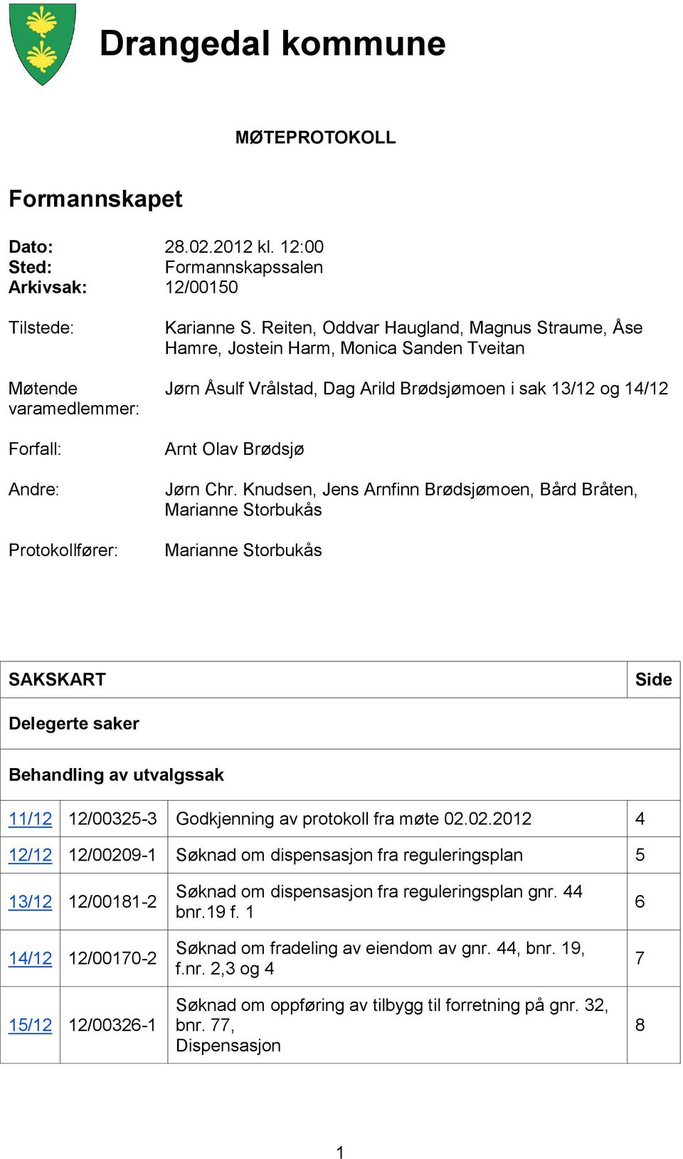 Knudsen, Jens Arnfinn Brødsjømoen, Bård Bråten, Marianne Storbukås Marianne Storbukås SAKSKART Side Delegerte saker Behandling av utvalgssak 11/12 12/00325-3 Godkjenning av protokoll fra møte 02.