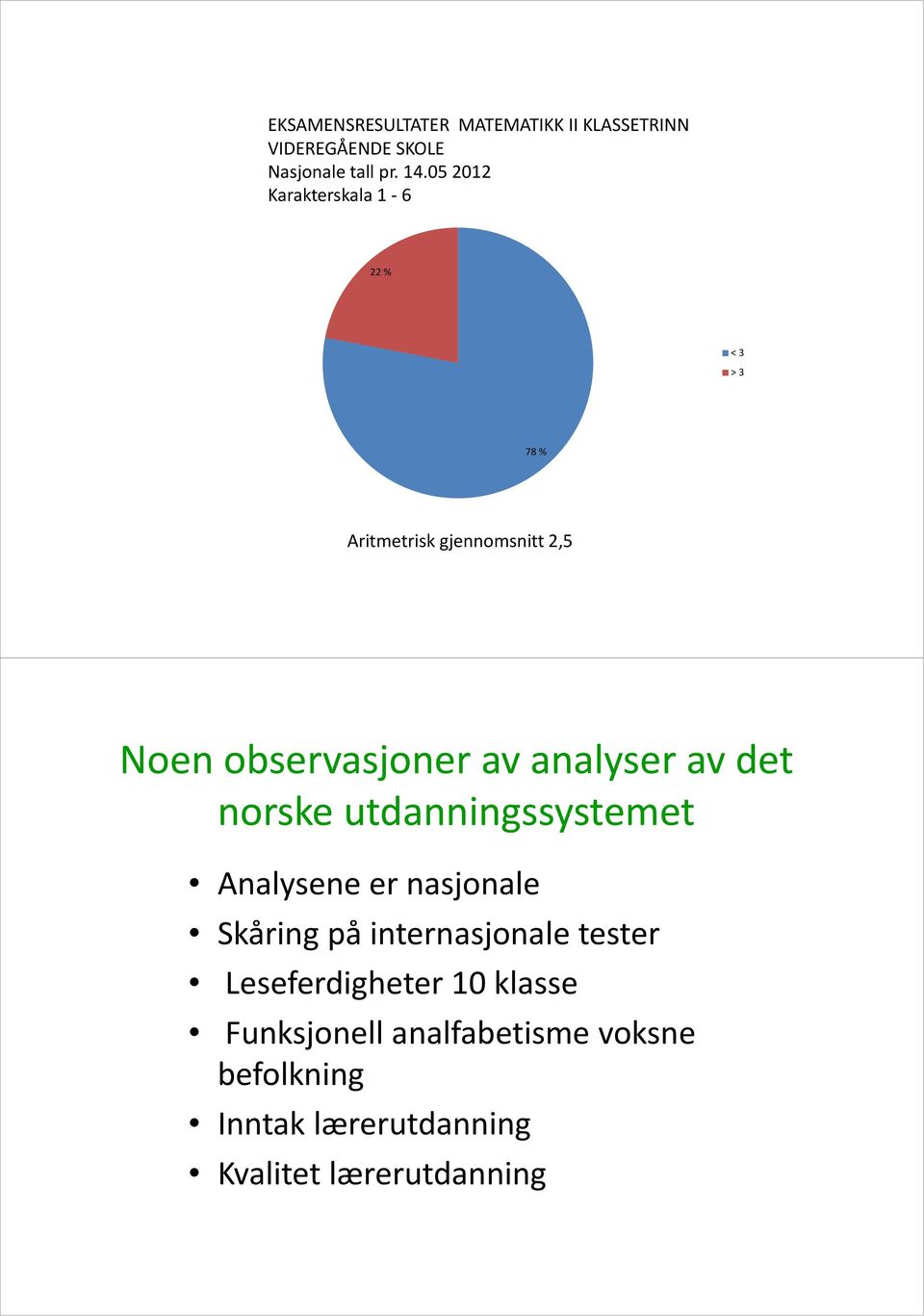analyser av det norske utdanningssystemet Analysene er nasjonale Skåring på internasjonale tester