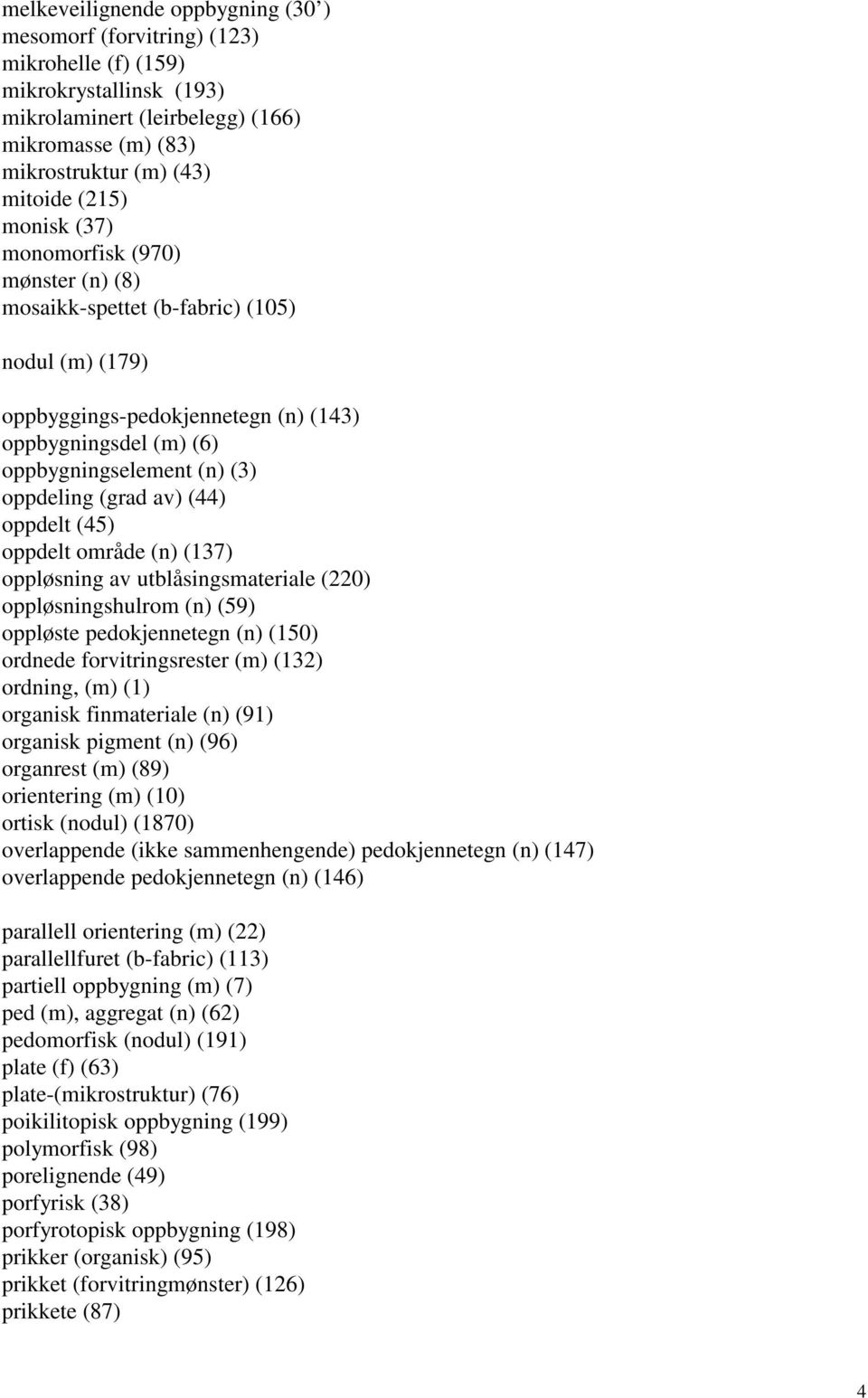 av) (44) oppdelt (45) oppdelt område (n) (137) oppløsning av utblåsingsmateriale (220) oppløsningshulrom (n) (59) oppløste pedokjennetegn (n) (150) ordnede forvitringsrester (m) (132) ordning, (m)