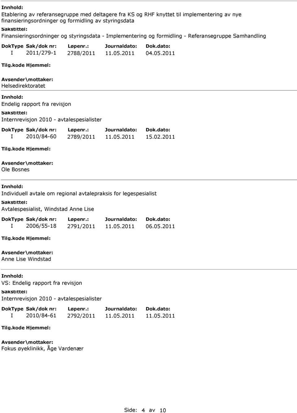 2011 Helsedirektoratet nnhold: nternrevisjon 2010 - avtalespesialister 2010/84-60 2789/2011 15.02.