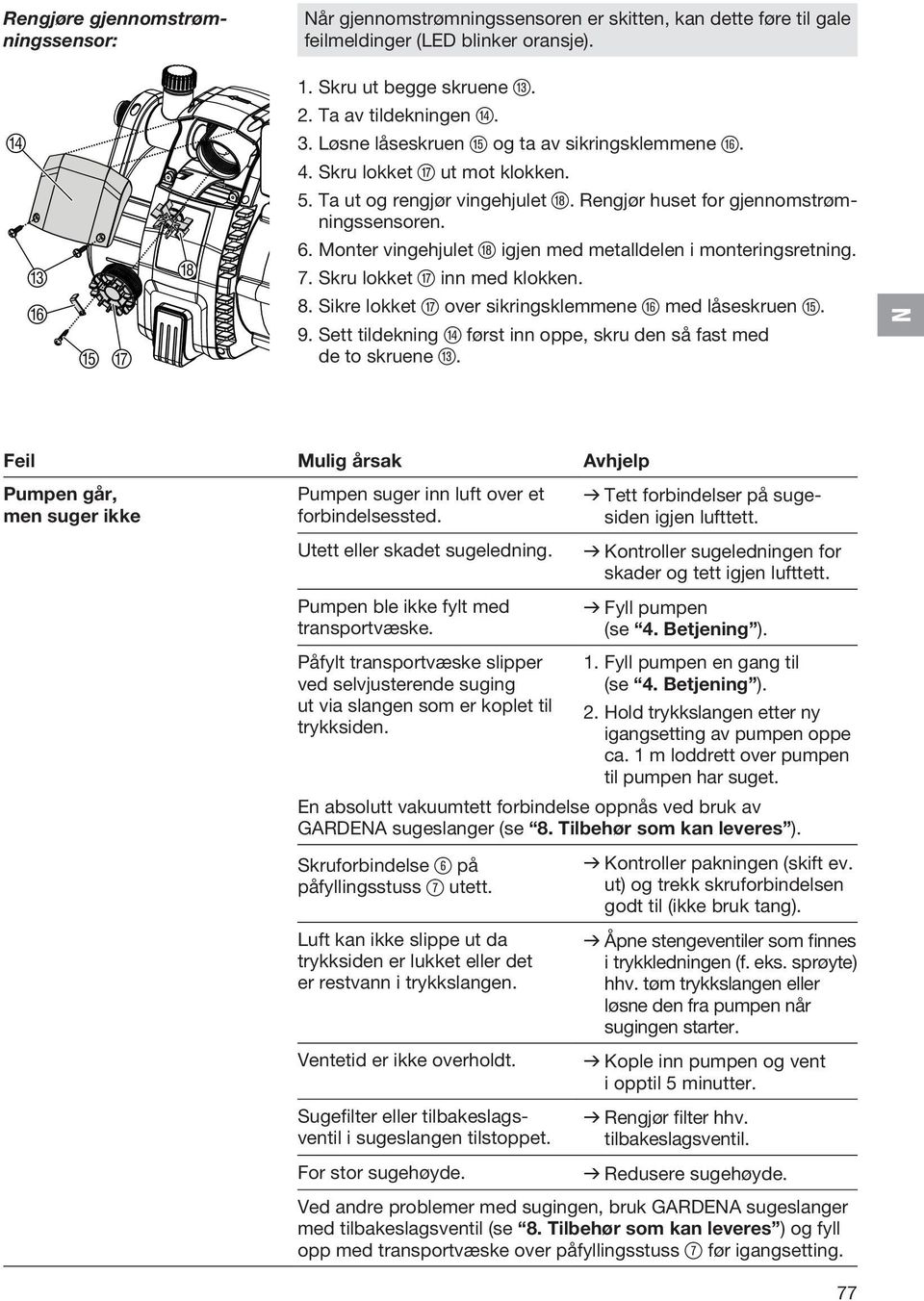 Monter vingehjulet i igjen med metalldelen i monteringsretning. 7. Skru lokket u inn med klokken. 8. Sikre lokket u over sikringsklemmene z med låseskruen t. 9.