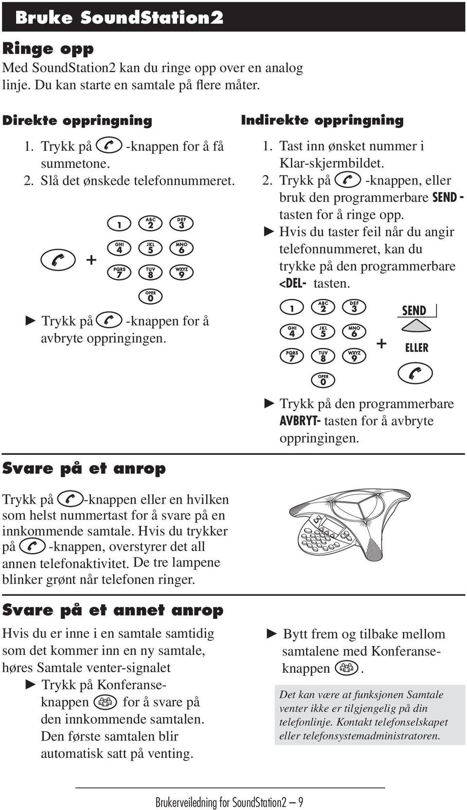 Hvis du taster feil når du angir telefonnummeret, kan du trykke på den programmerbare <DEL- tasten. Trykk på -knappen for å avbryte oppringingen.