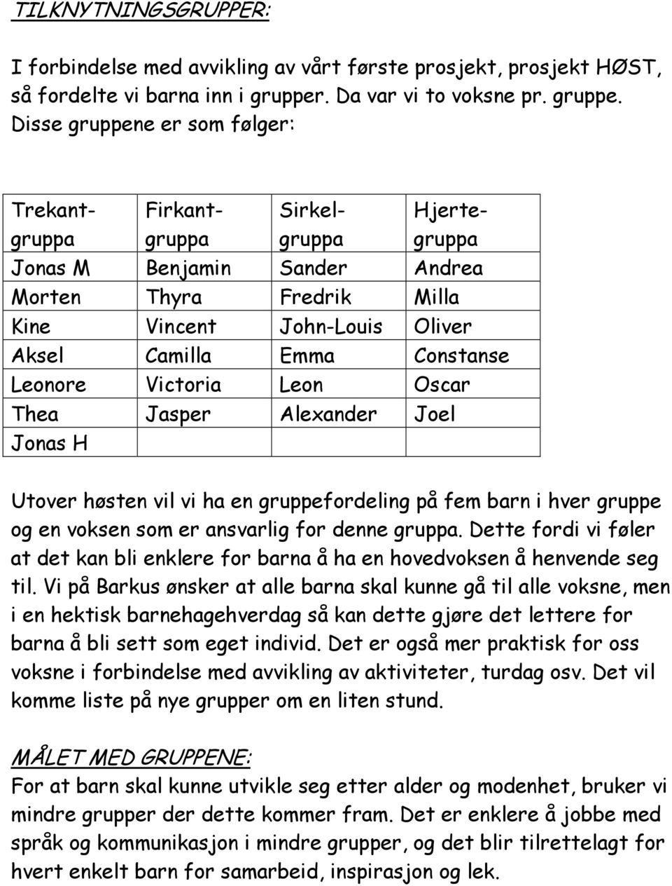 Disse gruppene er som følger: Trekantgruppa Firkantgruppa Sirkelgruppa Hjertegruppa Jonas M Benjamin Sander Andrea Morten Thyra Fredrik Milla Kine Vincent John-Louis Oliver Aksel Camilla Emma