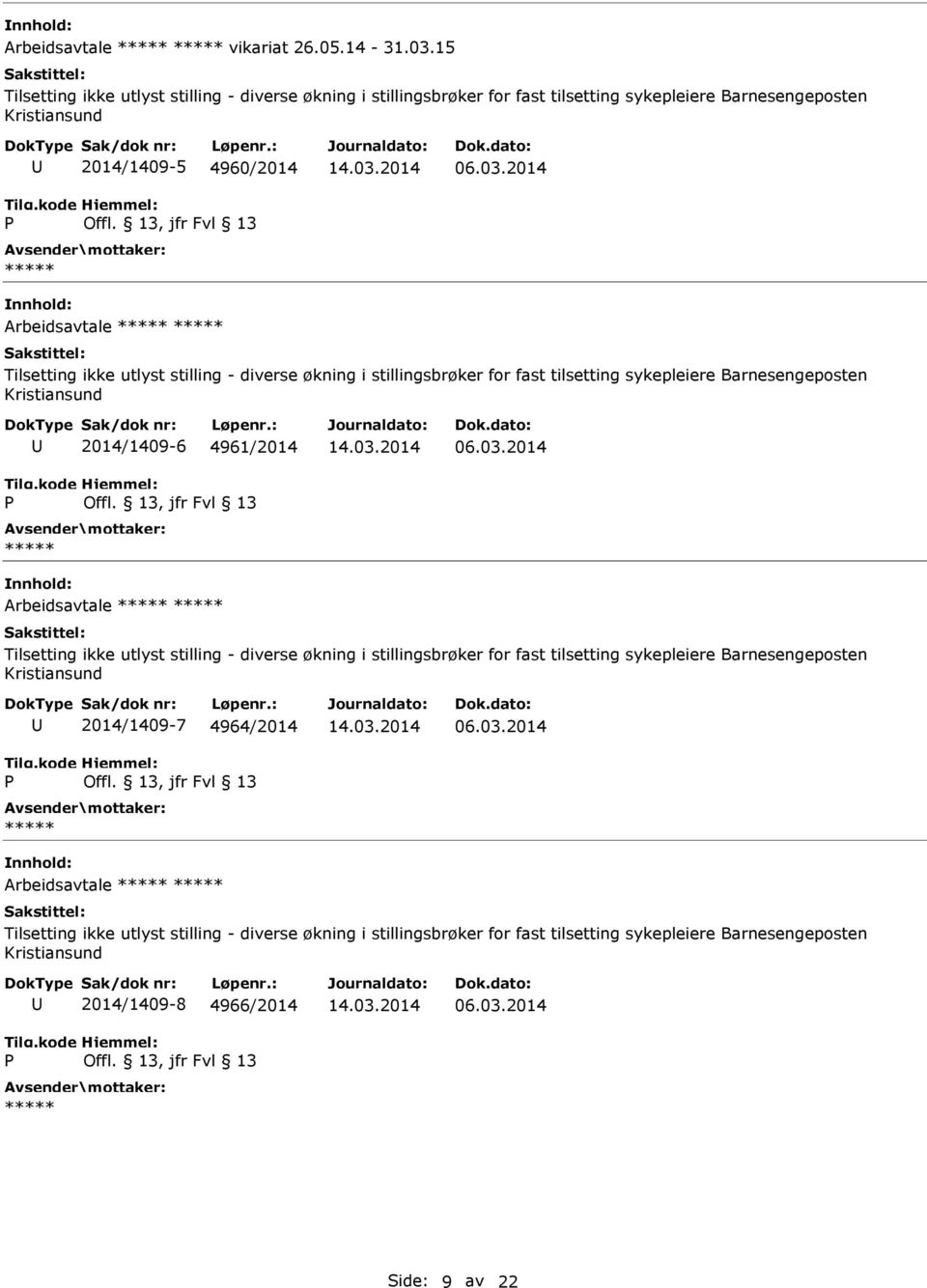 Tilsetting ikke utlyst stilling - diverse økning i stillingsbrøker for fast tilsetting sykepleiere Barnesengeposten Kristiansund 2014/1409-6 4961/2014 Arbeidsavtale