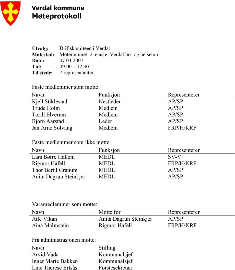 Jan Arne Solvang Medlem FRP/H/KRF Faste medlemmer som ikke møtte: Navn Funksjon Representerer Lars Børre Hallem MEDL SV-V Rigmor Hafell MEDL FRP/H/KRF Thor Bertil Granum MEDL AP/SP Anita Dagrun