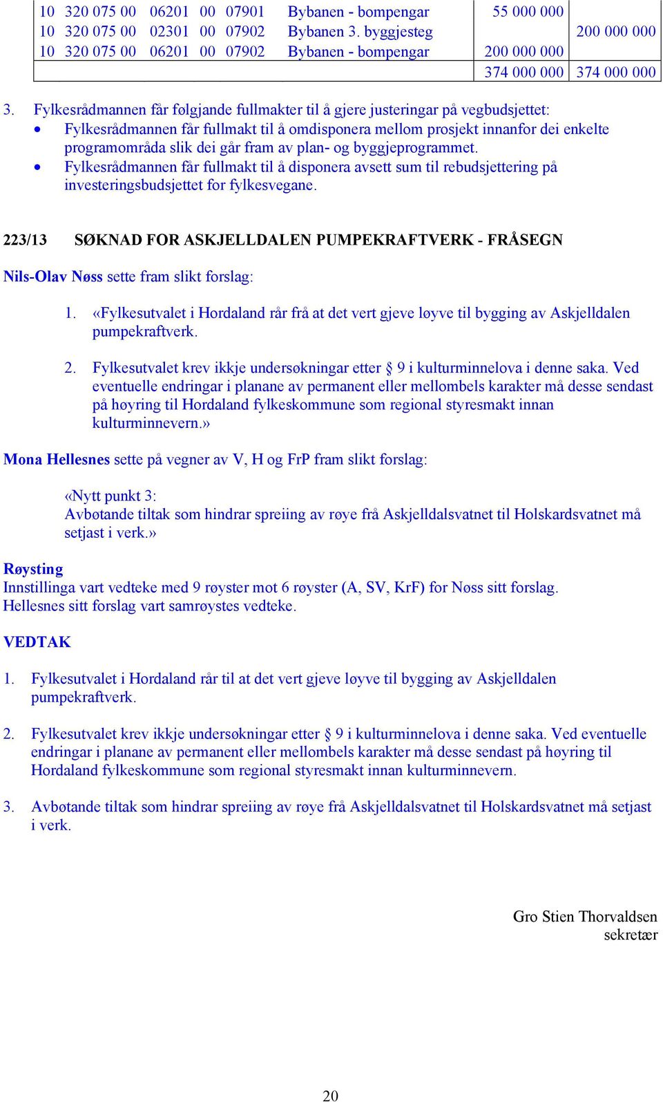 Fylkesrådmannen får følgjande fullmakter til å gjere justeringar på vegbudsjettet: Fylkesrådmannen får fullmakt til å omdisponera mellom prosjekt innanfor dei enkelte programområda slik dei går fram