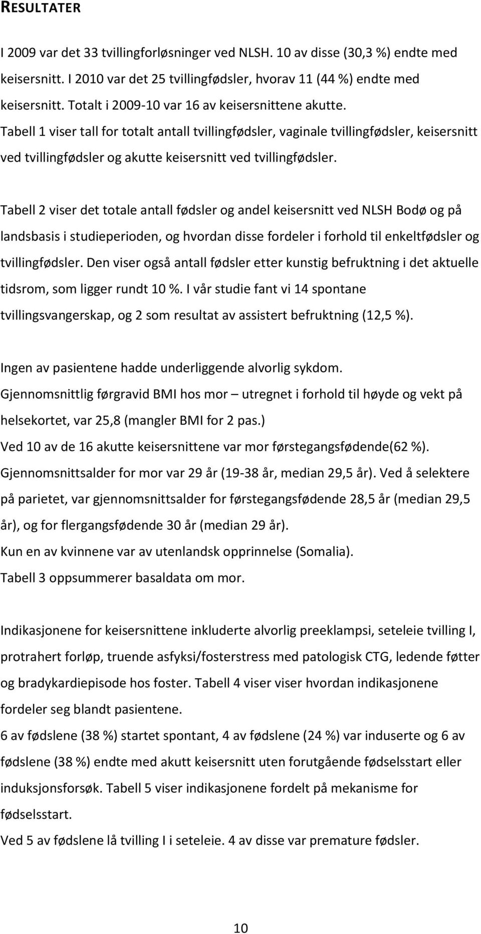 Tabell 1 viser tall for totalt antall tvillingfødsler, vaginale tvillingfødsler, keisersnitt ved tvillingfødsler og akutte keisersnitt ved tvillingfødsler.