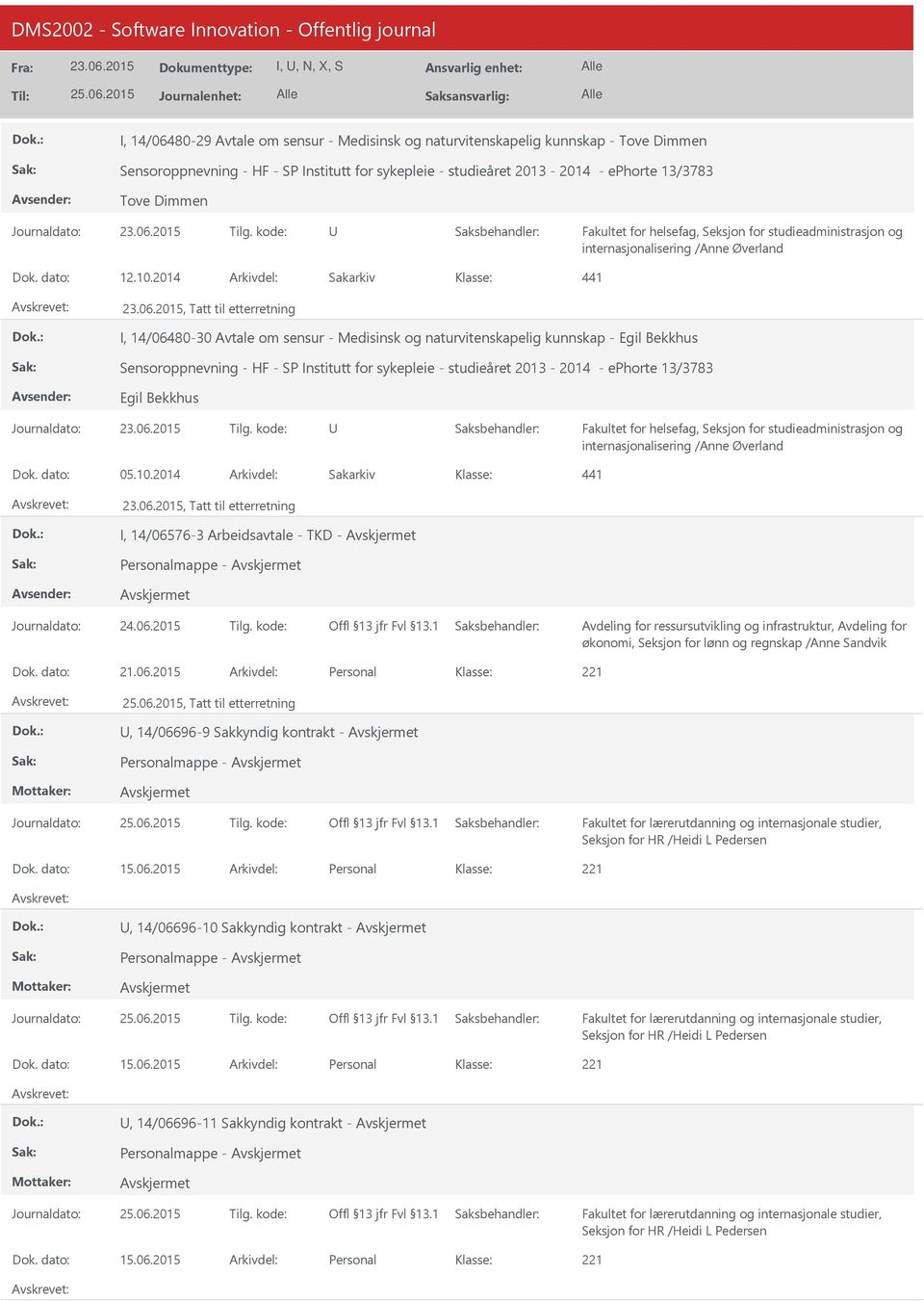 2014, Tatt til etterretning I, 14/06480-30 Avtale om sensur - Medisinsk og naturvitenskapelig kunnskap - Egil Bekkhus Sensoroppnevning - HF - SP Institutt for sykepleie - studieåret 2013-2014 -