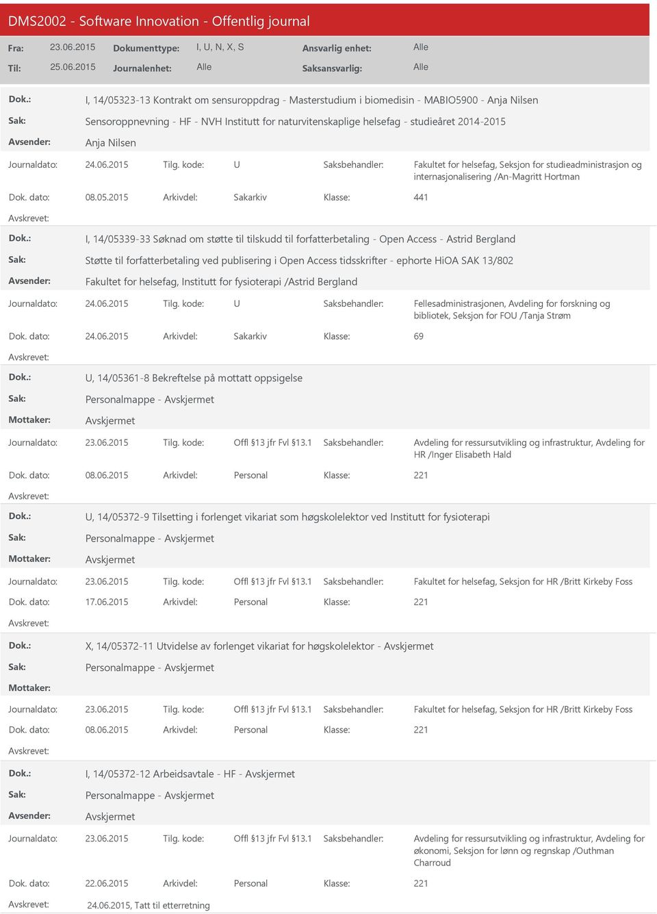 2015 I, 14/05339-33 Søknad om støtte til tilskudd til forfatterbetaling - Open Access - Astrid Bergland Støtte til forfatterbetaling ved publisering i Open Access tidsskrifter - ephorte HiOA SAK