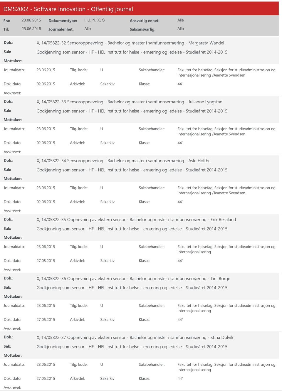 2015 X, 14/05822-33 Sensoroppnevning - Bachelor og master i samfunnsernæring - Julianne Lyngstad Godkjenning som sensor - HF - HEL Institutt for helse - ernæring og ledelse - Studieåret 2015 X,