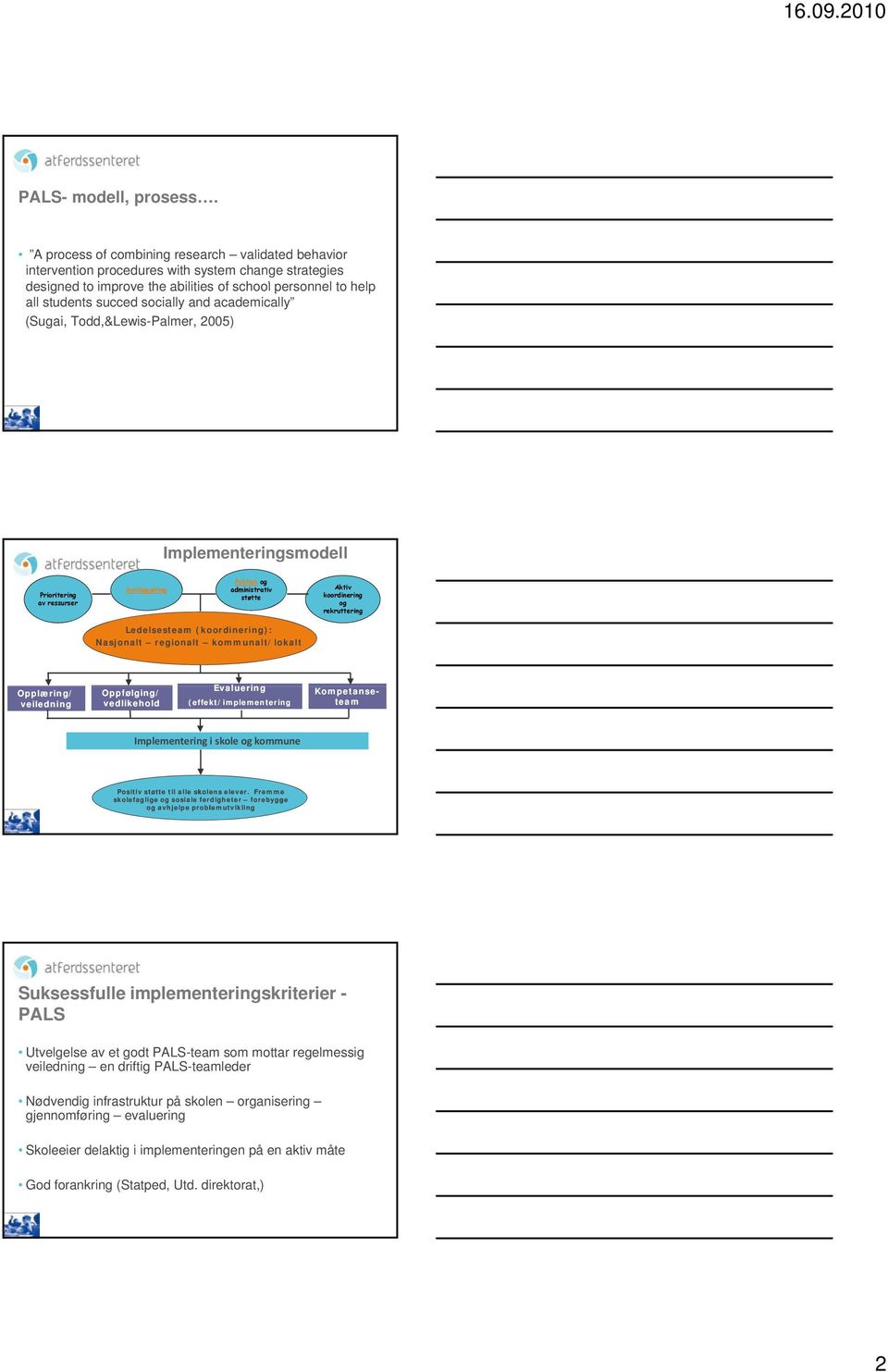 and academically (Sugai, Todd,&Lewis-Palmer, 2005) Implementeringsmodell Prioritering av ressurser Synliggjøring Politisk og administrativ støtte Aktiv koordinering og rekruttering Ledelsesteam