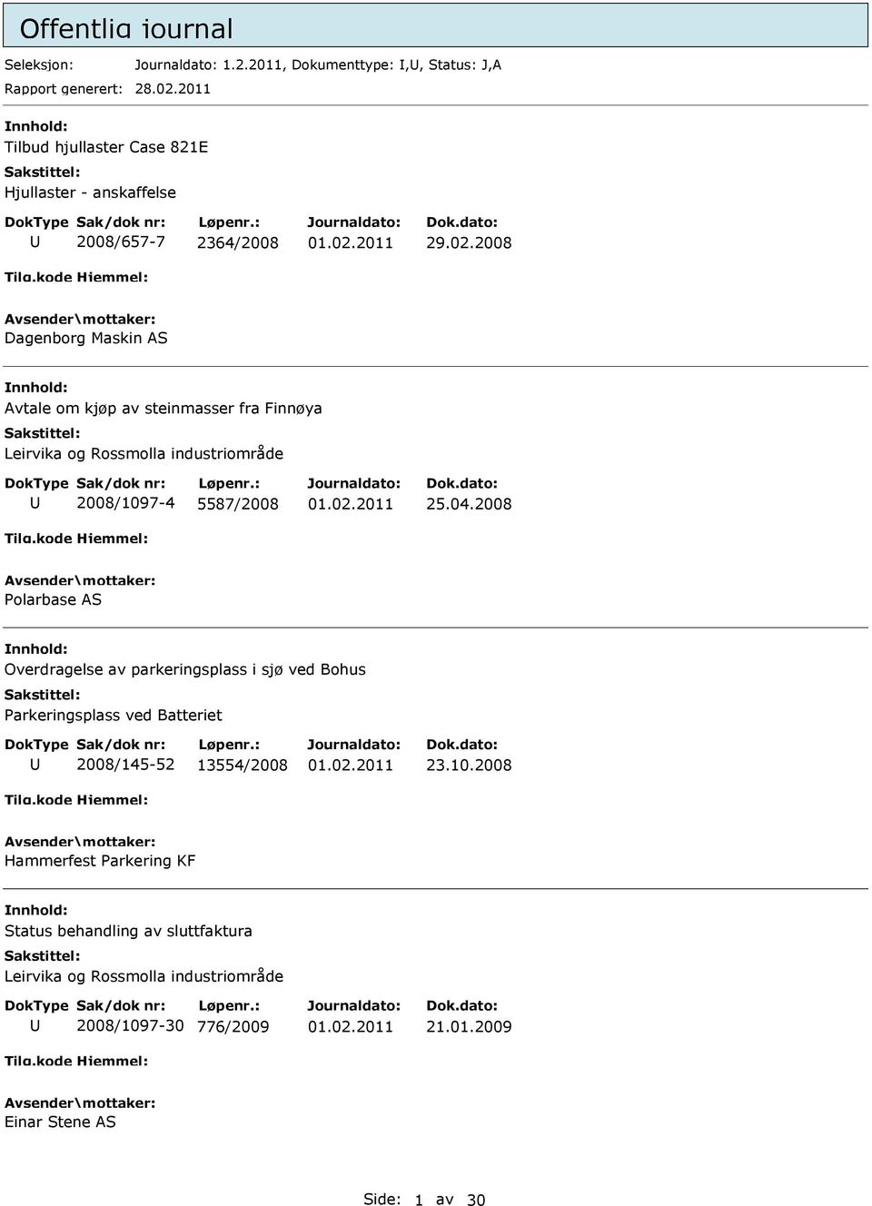 2008 Dagenborg Maskin AS Avtale om kjøp av steinmasser fra Finnøya Leirvika og Rossmolla industriområde 2008/1097-4 5587/2008 25.04.