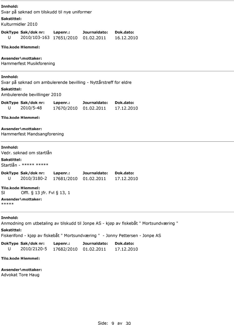 2010 Hammerfest Mandsangforening Vedr. søknad om startlån Startlån - ***** ***** Tilg.kode Sl 2010/3180-2 17681/2010 Hjemmel: Offl. 13 jfr. Fvl 13, 1 ***** 17.