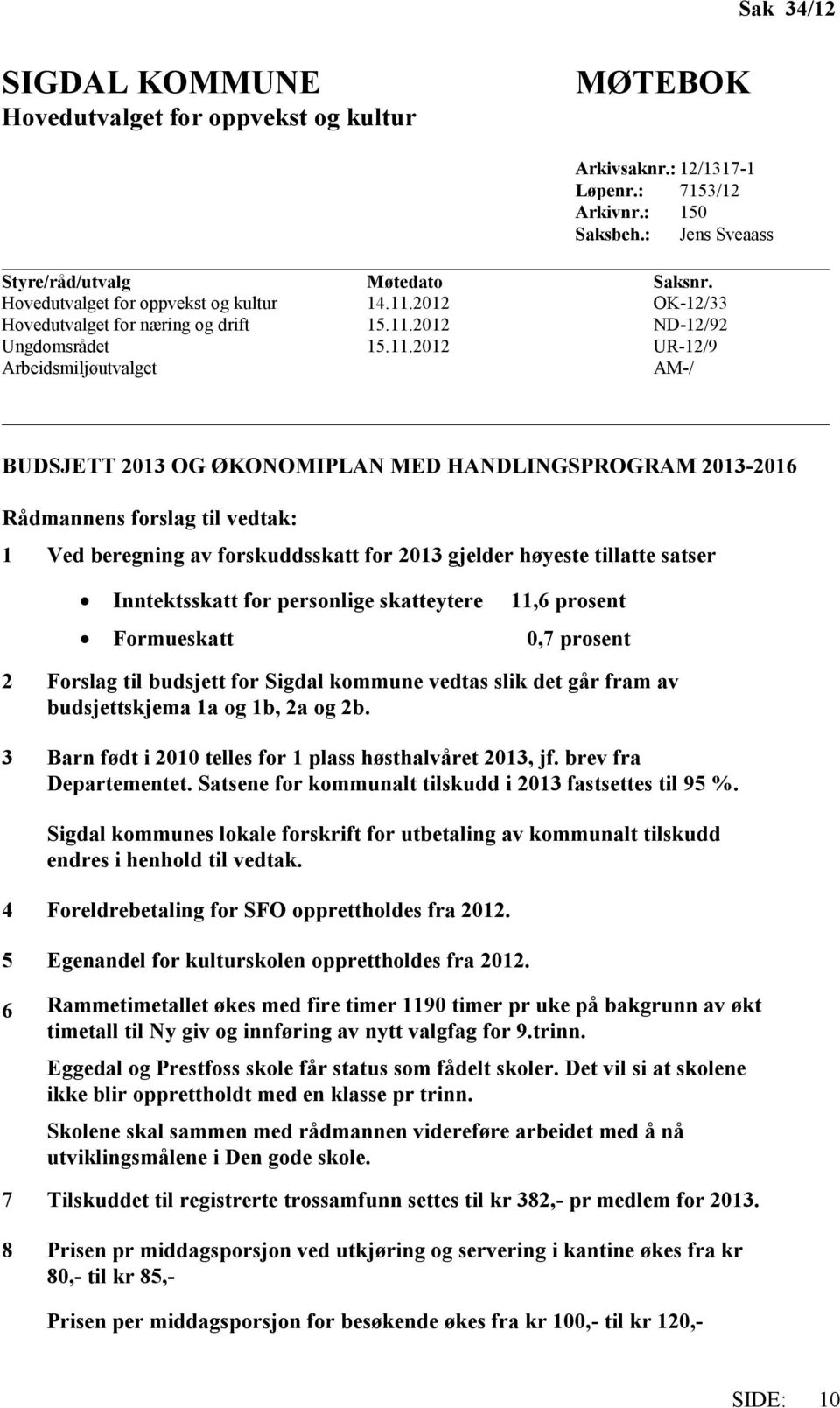 2012 OK-12/33 Hovedutvalget for næring og drift 15.11.