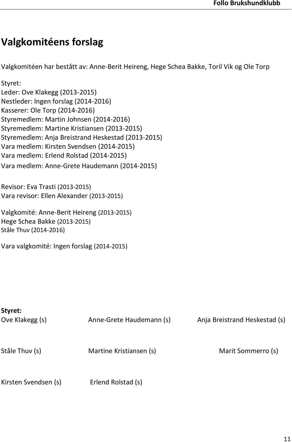 Vara medlem: Erlend Rolstad (2014-2015) Vara medlem: Anne-Grete Haudemann (2014-2015) Revisor: Eva Trasti (2013-2015) Vara revisor: Ellen Alexander (2013-2015) Valgkomité: Anne-Berit Heireng