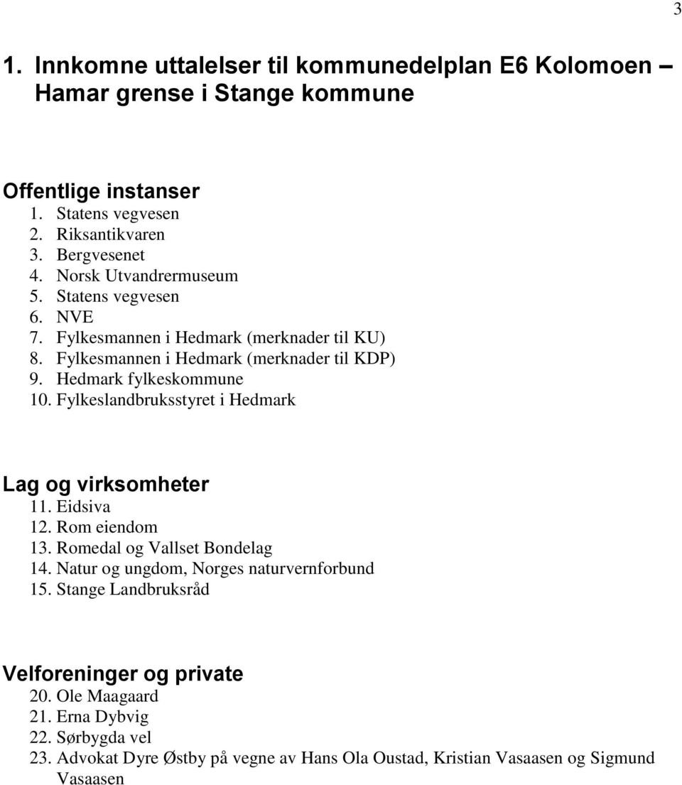 Fylkeslandbruksstyret i Hedmark Lag og virksomheter 11. Eidsiva 12. Rom eiendom 13. Romedal og Vallset Bondelag 14. Natur og ungdom, Norges naturvernforbund 15.