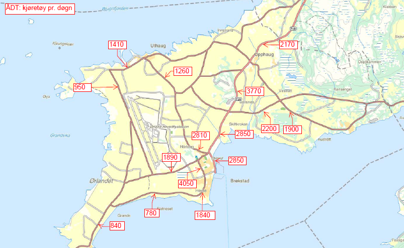 Ørland kommune, Trafikksikkerhetsplan 2006-2009 7.1.2 ÅDT Fv 710 har mest trafikk med ÅDT (Årsdøgntrafikk) på mellom 2170 og 8790.