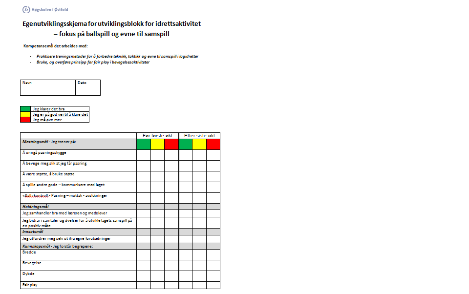 Undervisningsplanlegging Utviklingsblokk Øktplanskjema