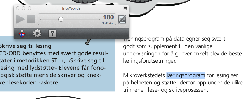 Les opp/pause og Stopp Start og stopp opplesning av teksten din. Sett markøren i teksten eller markér tekst. Velg Les opp. Klikk Pause når du vil ta en pause i opplesningen.