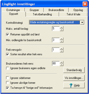 4.2 Oppsett I Oppsett-menyen kan LingRight tilpasses med hensyn til funksjoner.