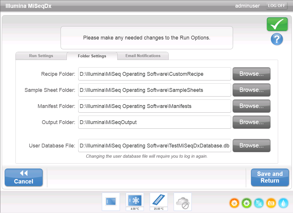 Fanen Folder Settings (Mappeinnstillinger) MiSeqDx krever tilgang til ulike typer filer som er lagret i mapper på et lokalt nettverk eller på instrumentdatamaskinen.