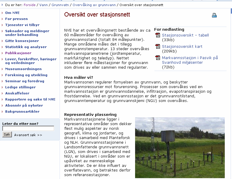 Figur 9. Informasjon om stasjonsnettet tilgjengelig på www.nve.no.