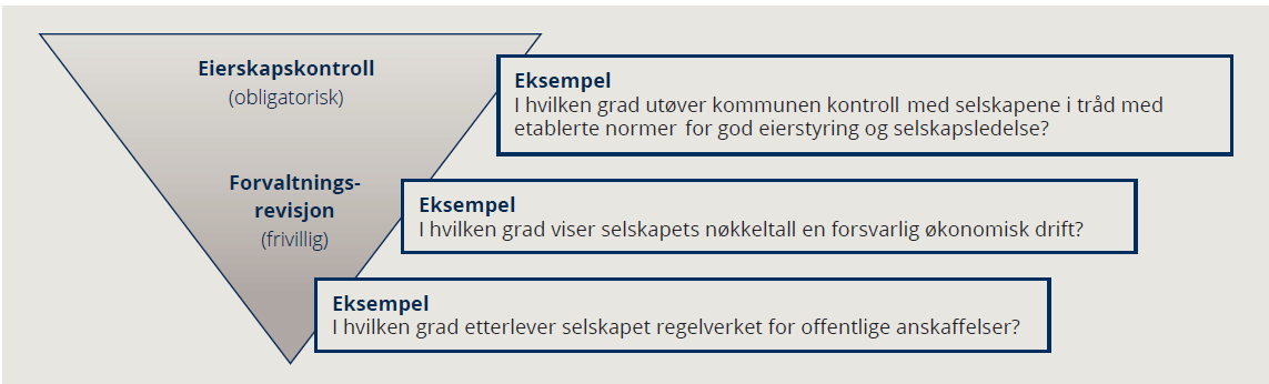 Overgangen mellom desse to formene for selskapskontroll kan vere glidande. I Kontrollutvalsboka blir dette illustrert med følgande figur. 1 Figur 1 Former for selskapskontroll.