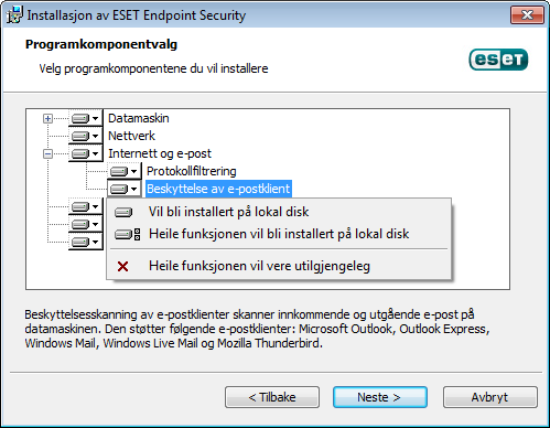 2.2 Egendefinert installasjon Modus for egendefinert installasjon er beregnet på brukere som har erfaring med å fininnstille programmer, og som ønsker å endre avanserte innstillinger under