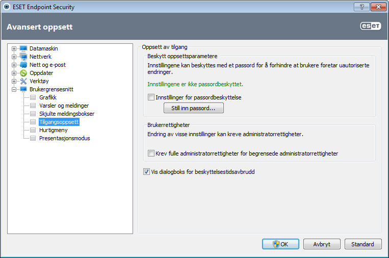 4.7.4 Oppsett av tilgang For å kunne gi systemet maksimal sikkerhet er det helt avgjørende at ESET Endpoint Security er riktig konfigurert. Feilaktige endringer kan føre til tap av viktige data.