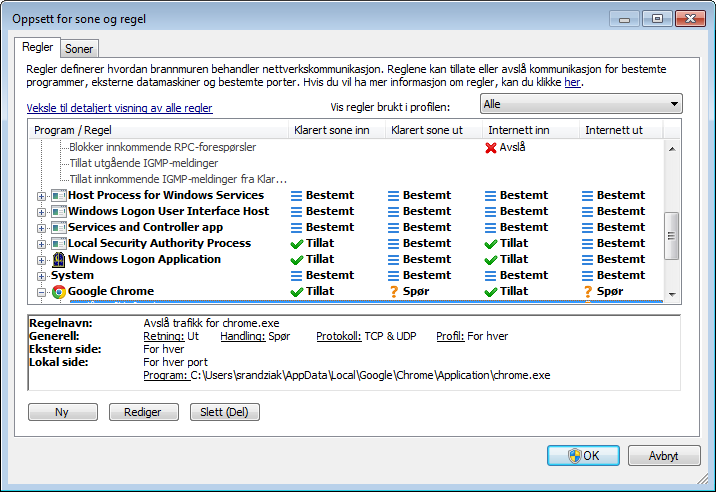 4.2.3.1 Regeloppsett Med regeloppsettet kan du se alle regler som gjelder for trafikk generert av individuelle programmer i klarerte soner og på Internett.