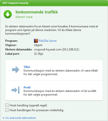 4.2.5 Etablere en tilkobling - gjenkjenning Den personlige brannmuren gjenkjenner hver nyopprettet nettverkstilkobling.