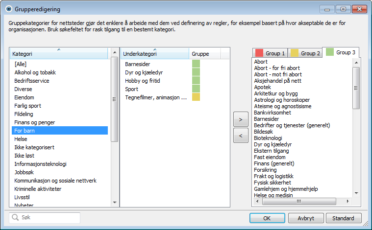 4.4.3 Grupperedigering Vinduet Grupperedigering er delt inn i to deler. Høyre del av vinduet inneholder en liste over kategorier og underkategorier.