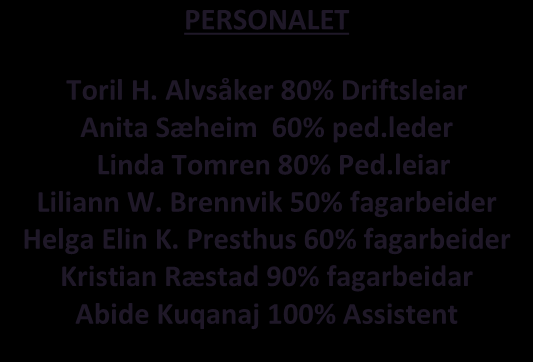 5.1 Barn og tilsette Stjerneskuddet avdeling for barn frå 1 til 6 år. 2013 2010 4 Gutar 3 Jenter 2011 1 gut 2014 1 gut 1 jente 1 Gut PERSONALET 2012 2 Gutar 4 Jenter Toril H.