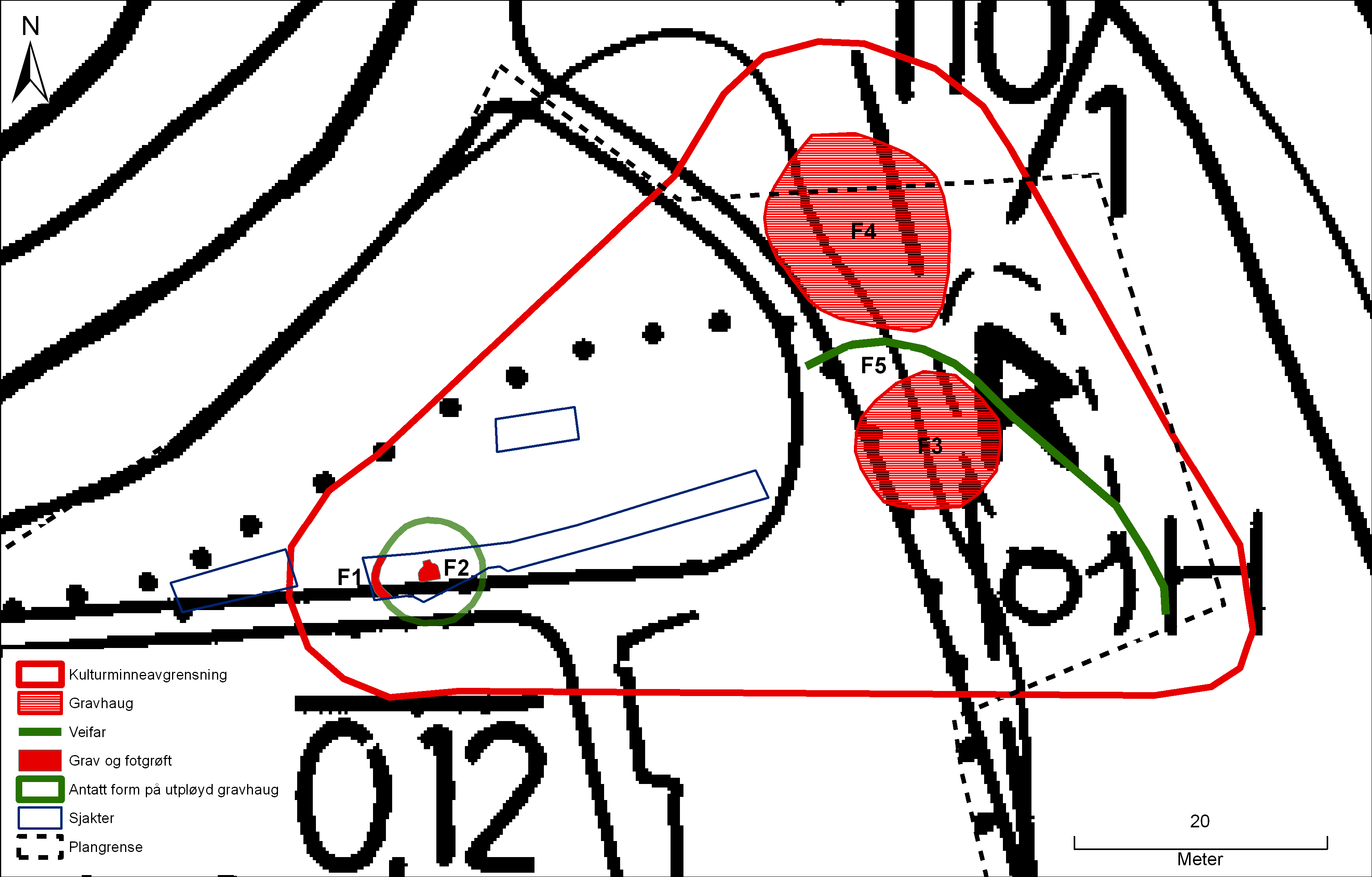 Illustrasjon 3: Kartet viser den nye og den gamle kulturminneavgrensningen rundt R42218, veifaret (F5) som går mellom haug F3 og F4, antatt form på fjernet gravhaug, fotgrøft og grav.