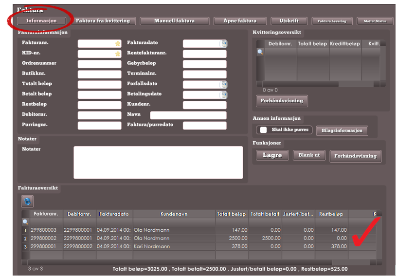 I undermenyen «Informasjon» kan du lete opp i fakturerte fakturaer og de detaljene for disse.