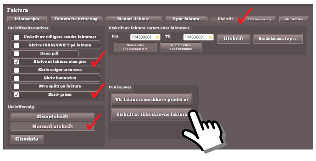 4.0.3 Endre layout på faktura I funksjonsmenyen «Faktura», og i menyen «Utskrift», kan du definere din faktura layout, samt skrive ut faktura som du ikke har skrevet ut tidligere.