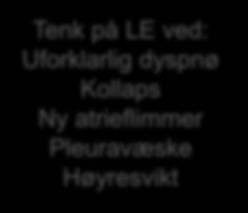 Klinikk Den største utfordring i diagnostikk av lungeemboli er å tenke på diagnosen. Klinikken kan være diffus, atypisk eller kamufleres av annen sykdom.