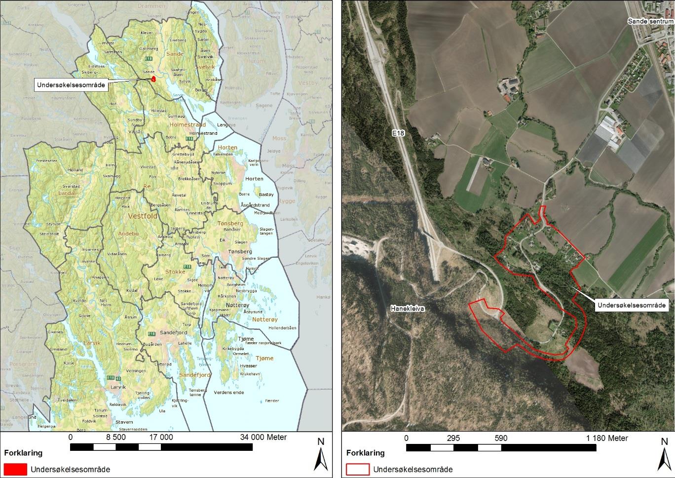 Områdebeskrivelse Undersøkelsesområdet ligger i Sande kommune, ca 1,7 km sørvest for Sande sentrum, i den dels bratte åsen som heter Stokkelia, der veien Hanekleiva/Hanekleivene snor seg nedover