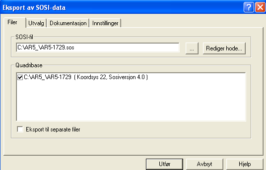 5.3. Eksporter til SOSI AR5-basen skal konverteres til SOSI før den sendes til Statens kartverk / Skog og landskap for innlegging i Kartverkets QMS. Bruk kommando Import/Eksport SOSI eksport SOSI 4.
