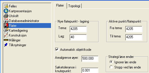 3.2.2. INNSTILLINGER FLATER: Velg Fil Innstillinger Flater, fane Flater. Sett 4205 som temakode både for Nye flatepunkt - lagring og Aktive punkt/flatepunkt.