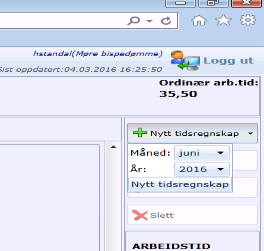2. Føre inn faktisk arbeidstid (tidsregnskap) Klikk på Timeregistrering i menyen til venstre. Til høyre i vinduet sm kmmer pp, klikker du på Nytt tidsregnskap, velger måned (g evt.