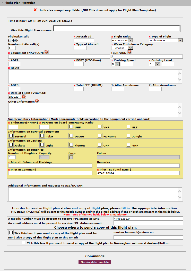 Lage en reiseplanmal (flight plan template) Når du ønsker å lage en ny mal trykker du Create new Template -knappen: Et blankt reiseplanskjema kommer frem.