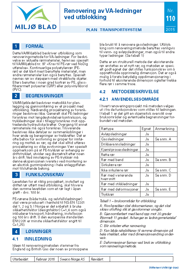 VA/Miljø-blad Renovering av VA-ledninger