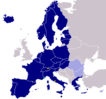 EU minus Storbritannia og Irland Norge, Island, Sveits og Liechtenstein er assosierte deltakere Romania og Bulgaria deltar