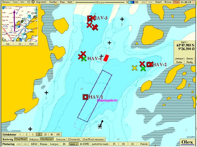 Figur 2.2. Plassering av lokaliteten Havsund med bunntopografi. De fire stasjonene er inntegnet med røde firkanter. Hav 4 stasjonen er markert med grønt kryss.