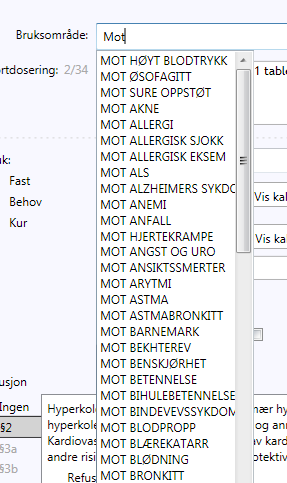 Forhånds angitte valg i «bruksområde» Utfylling av «Bruksområde» er nå forenklet ved at en rekke standard-tekster nå er lagt inn.