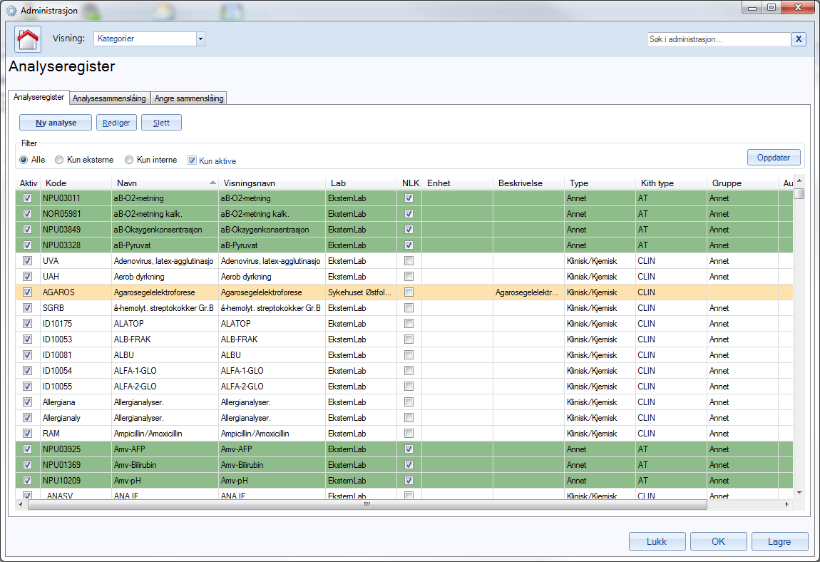 Analyseregister Dersom du går til Analyseregister fra hovedbildet i Administrasjon ser det nå slik ut: Det nye analyseregisteret er nå mye kjappere enn det gamle var.