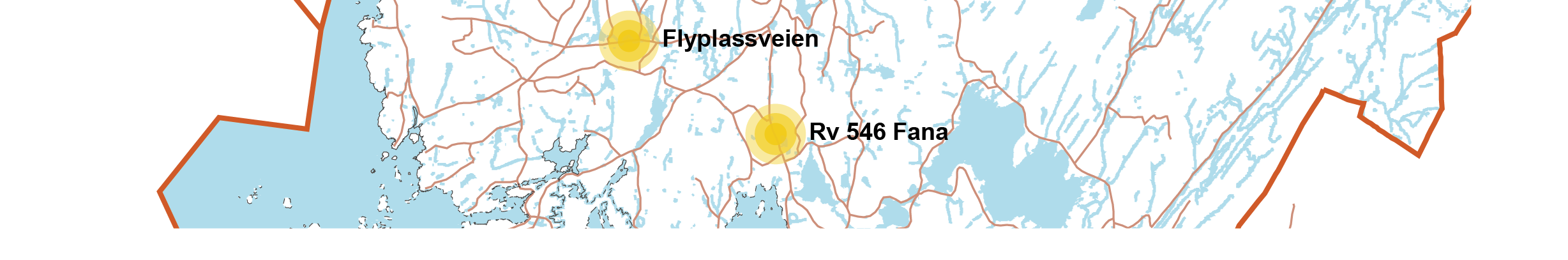 2.3.5 Trafikk utenfor sentrum Figur 15 Tellepunktene "utenfor sentrum" Kilde: Vegdatabanken Skjold skiftet Nesttun Hop Flyplassvn Troldhaug tunnel Vågsbotn Rv 546 Fana Fjøsangervn Straume vn Indre